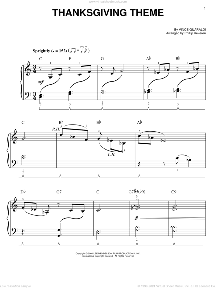 Thanksgiving Theme (arr. Phillip Keveren) sheet music for piano solo by Vince Guaraldi and Phillip Keveren, easy skill level