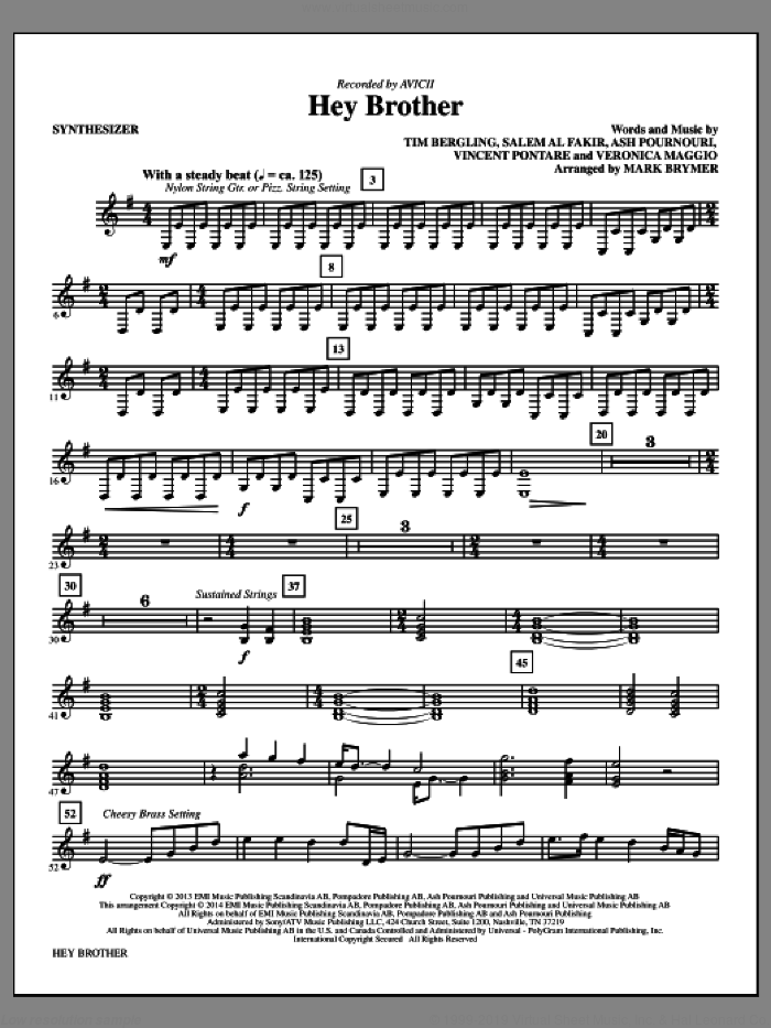 Hey Brother (complete set of parts) sheet music for orchestra/band by Mark Brymer, Ash Pournouri, Avicii, Salem Al Fakir, Tim Bergling, Veronica Maggio and Vincent Pontare, intermediate skill level