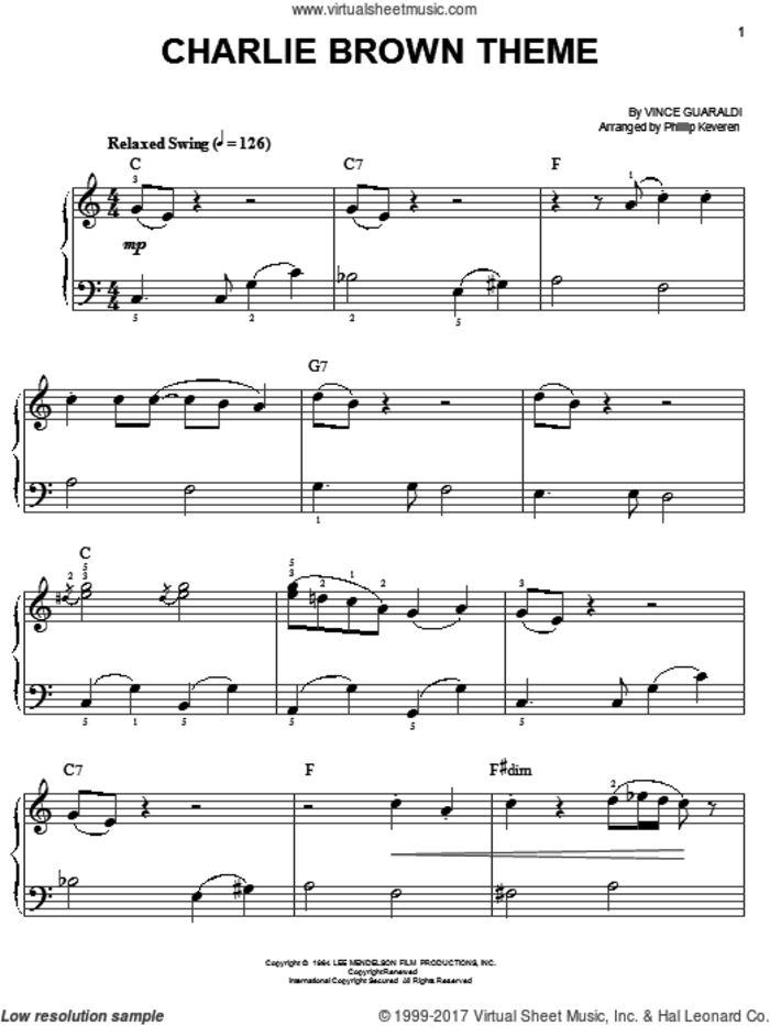Charlie Brown Theme (arr. Phillip Keveren), (easy) sheet music for piano solo by Vince Guaraldi and Phillip Keveren, easy skill level