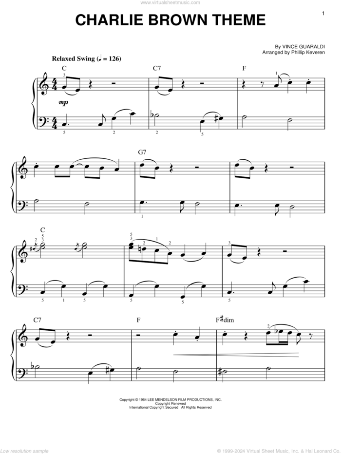 Charlie Brown Theme (arr. Phillip Keveren), (easy) sheet music for piano solo by Vince Guaraldi and Phillip Keveren, easy skill level