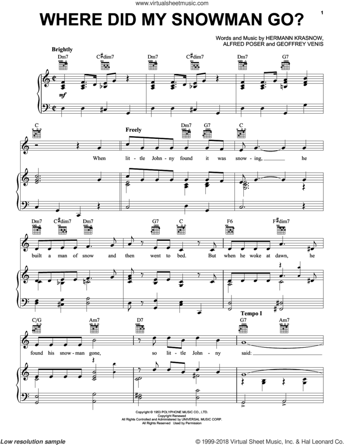 Where Did My Snowman Go? sheet music for voice, piano or guitar by Gene Autry, Alfred Poser, Geoffrey Venis and Hermann Krasnow, intermediate skill level