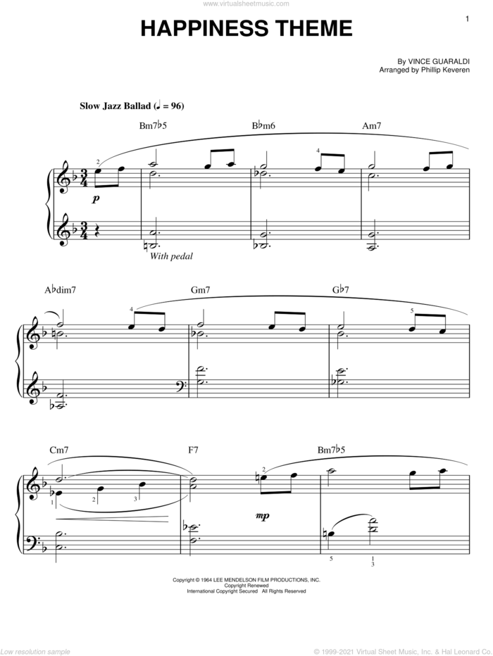 Happiness Theme (arr. Phillip Keveren), (easy) sheet music for piano solo by Vince Guaraldi and Phillip Keveren, easy skill level