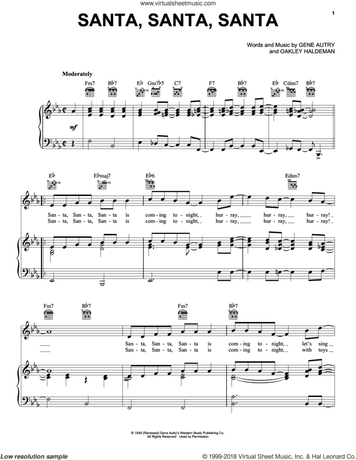 Santa, Santa, Santa sheet music for voice, piano or guitar by Gene Autry and Oakley Haldeman, intermediate skill level