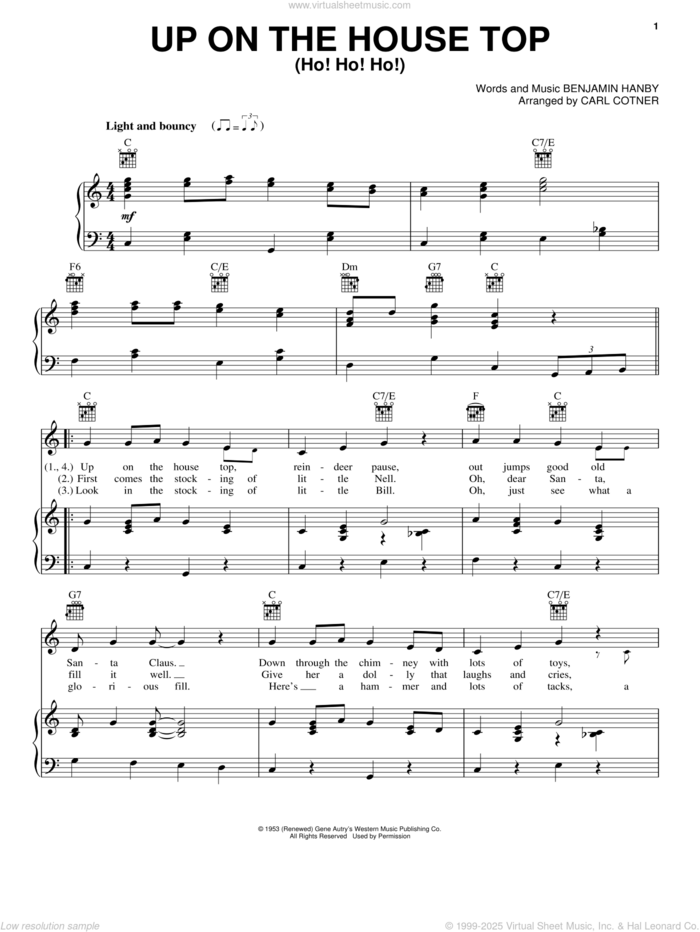 Up On The House Top (Ho! Ho! Ho!) sheet music for voice, piano or guitar by Gene Autry and Benjamin Hanby, intermediate skill level