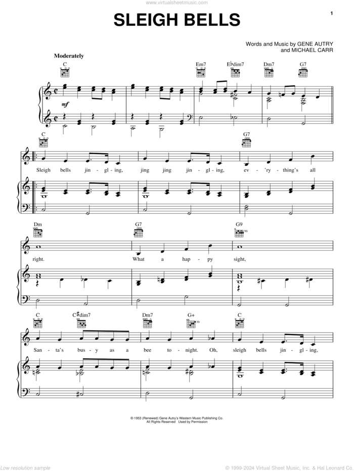 Sleigh Bells sheet music for voice, piano or guitar by Gene Autry and Michael Carr, intermediate skill level