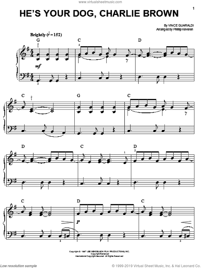 He's Your Dog, Charlie Brown (arr. Phillip Keveren) sheet music for piano solo by Vince Guaraldi and Phillip Keveren, easy skill level
