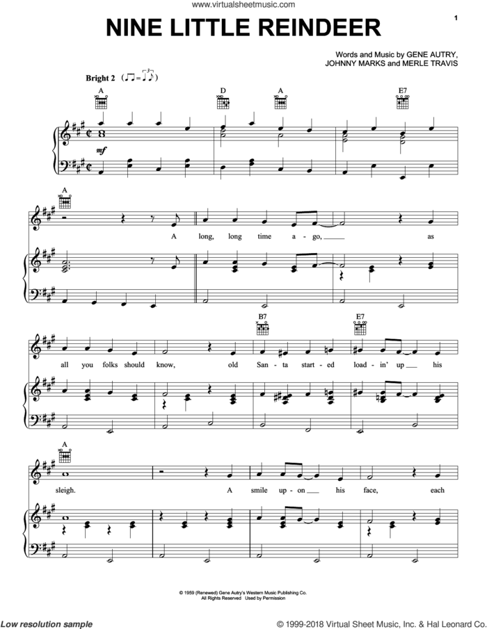 Nine Little Reindeer sheet music for voice, piano or guitar by Gene Autry, Johnny Marks and Merle Travis, intermediate skill level