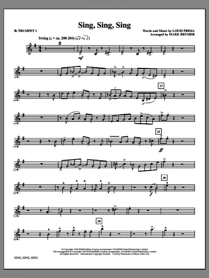 Sing, Sing, Sing (complete set of parts) sheet music for orchestra/band by Mark Brymer, Benny Goodman and Louis Prima, intermediate skill level