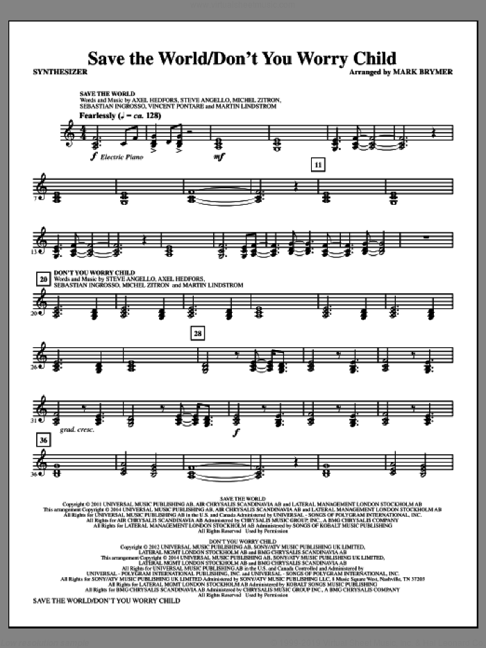 Save the World/Don't You Worry Child (complete set of parts) sheet music for orchestra/band by Mark Brymer, Axel Hedfors, Martin Lindstrom, Michel Zitron, Sebastian Ingrosso, Steve Angello, Swedish House Mafia and Vincent Pontare, intermediate skill level