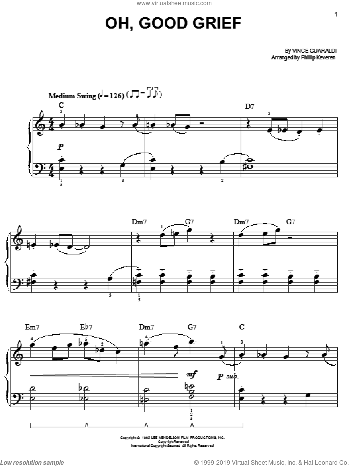 Oh, Good Grief (arr. Phillip Keveren) sheet music for piano solo by Vince Guaraldi and Phillip Keveren, easy skill level