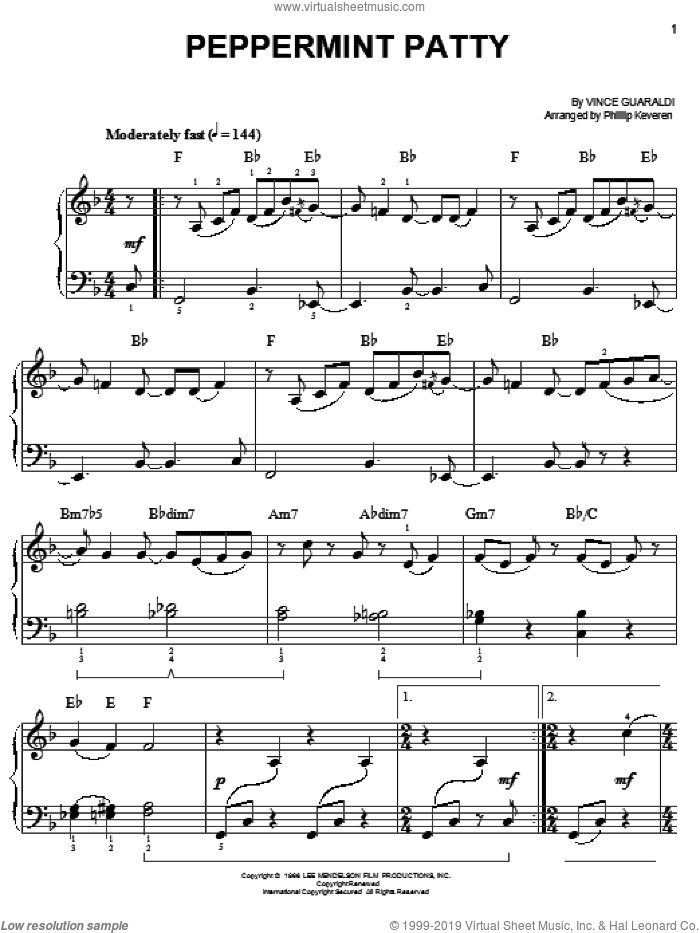 Peppermint Patty (arr. Phillip Keveren) sheet music for piano solo by Vince Guaraldi and Phillip Keveren, easy skill level