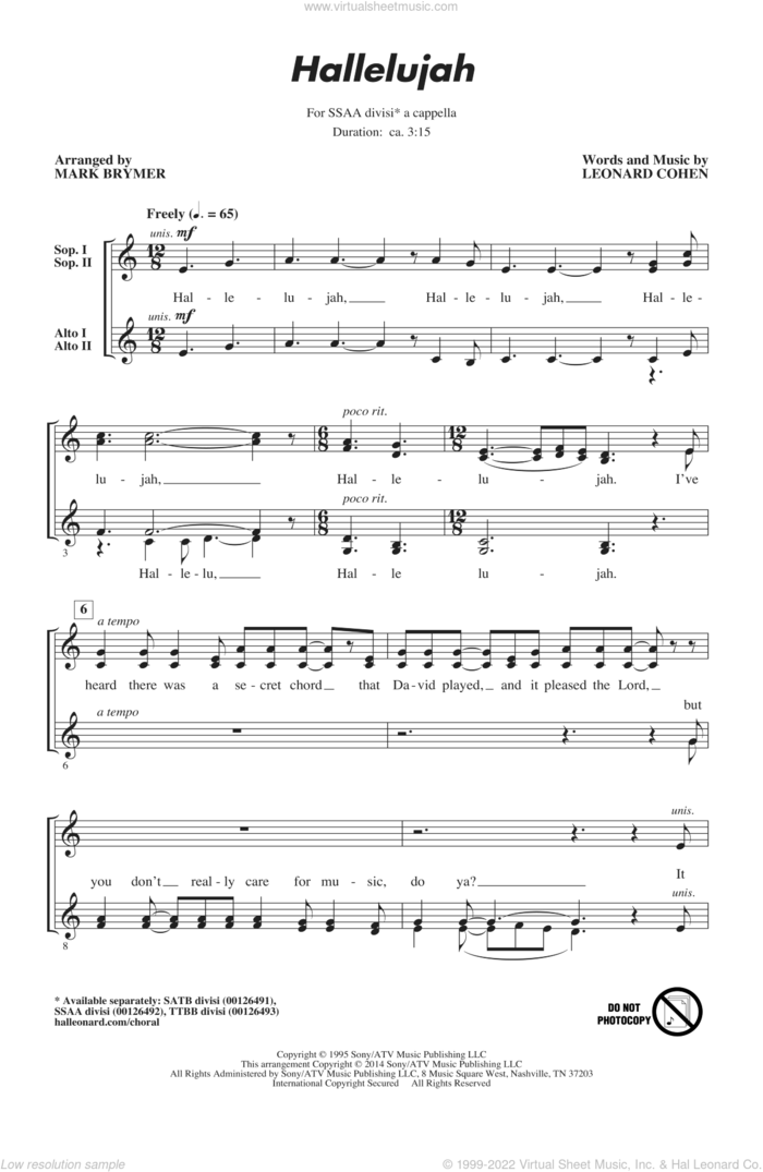 Hallelujah sheet music for choir (SSA: soprano, alto) by Leonard Cohen, Mark Brymer and Lee DeWyze, intermediate skill level