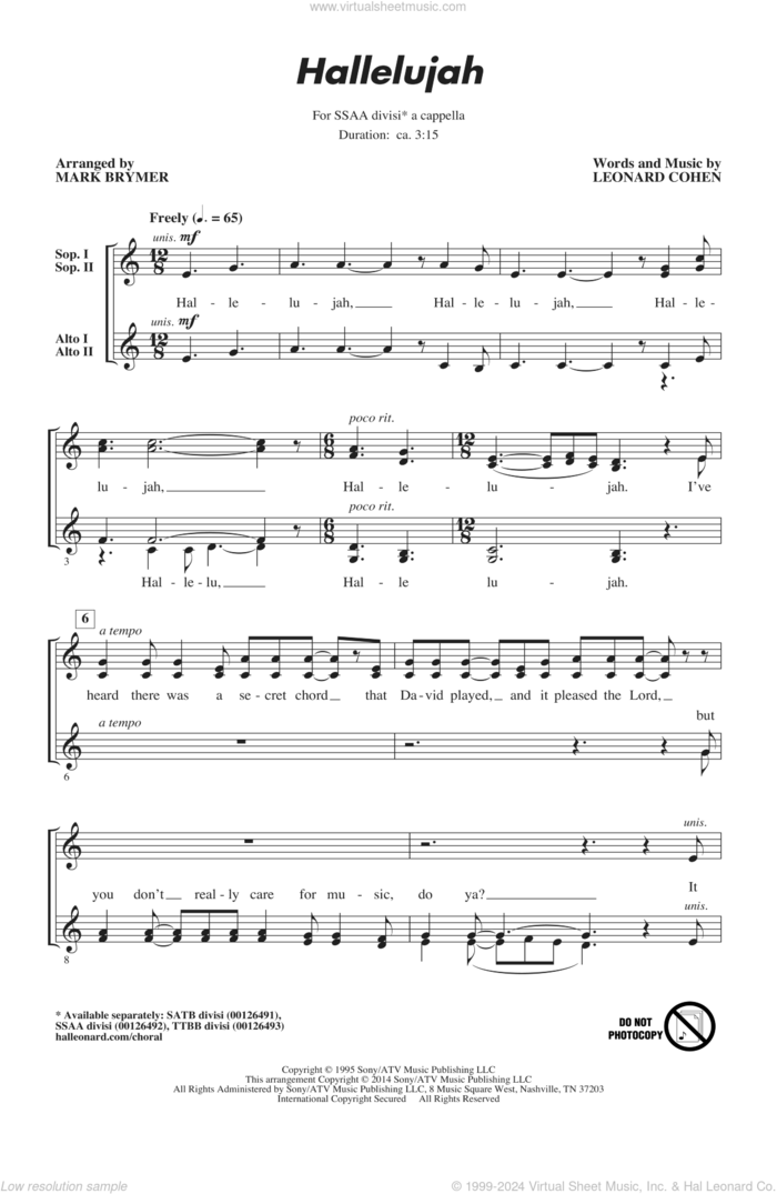 Hallelujah sheet music for choir (SSA: soprano, alto) by Leonard Cohen, Mark Brymer and Lee DeWyze, intermediate skill level