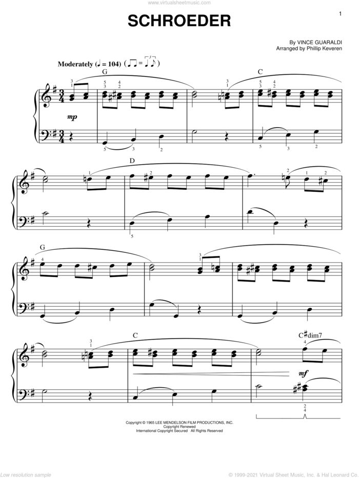 Schroeder (arr. Phillip Keveren) sheet music for piano solo by Vince Guaraldi and Phillip Keveren, easy skill level