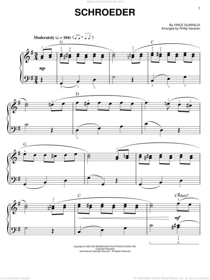 Schroeder (arr. Phillip Keveren) sheet music for piano solo by Vince Guaraldi and Phillip Keveren, easy skill level