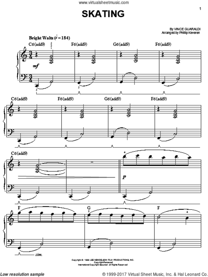 Skating (arr. Phillip Keveren) sheet music for piano solo by Vince Guaraldi and Phillip Keveren, easy skill level
