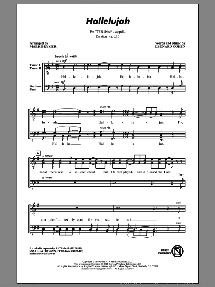 Hallelujah sheet music for choir (TTBB: tenor, bass) by Leonard Cohen, Mark Brymer and Lee DeWyze, intermediate skill level