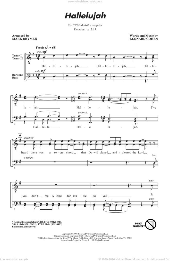 Hallelujah sheet music for choir (TTBB: tenor, bass) by Leonard Cohen, Mark Brymer and Lee DeWyze, intermediate skill level