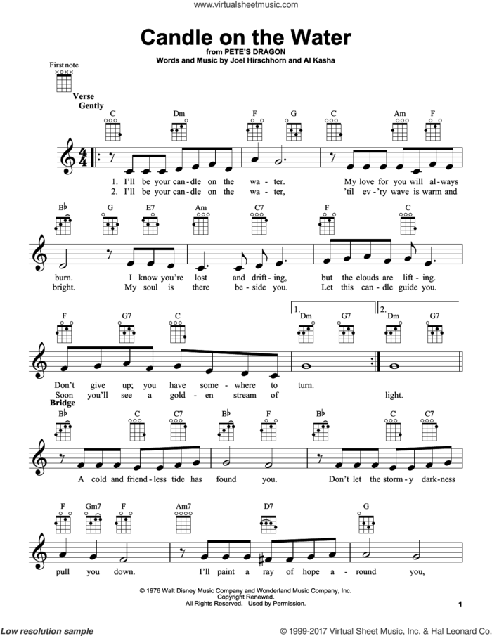 Candle On The Water (from Pete's Dragon) sheet music for ukulele by Helen Reddy, Al Kasha and Joel Hirschhorn, intermediate skill level