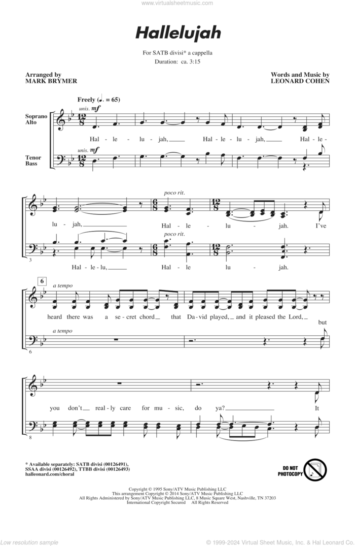 Hallelujah sheet music for choir (SATB: soprano, alto, tenor, bass) by Leonard Cohen, Mark Brymer and Lee DeWyze, intermediate skill level