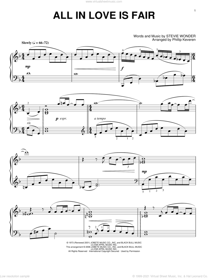 All In Love Is Fair (arr. Phillip Keveren) sheet music for piano solo by Stevie Wonder and Phillip Keveren, intermediate skill level