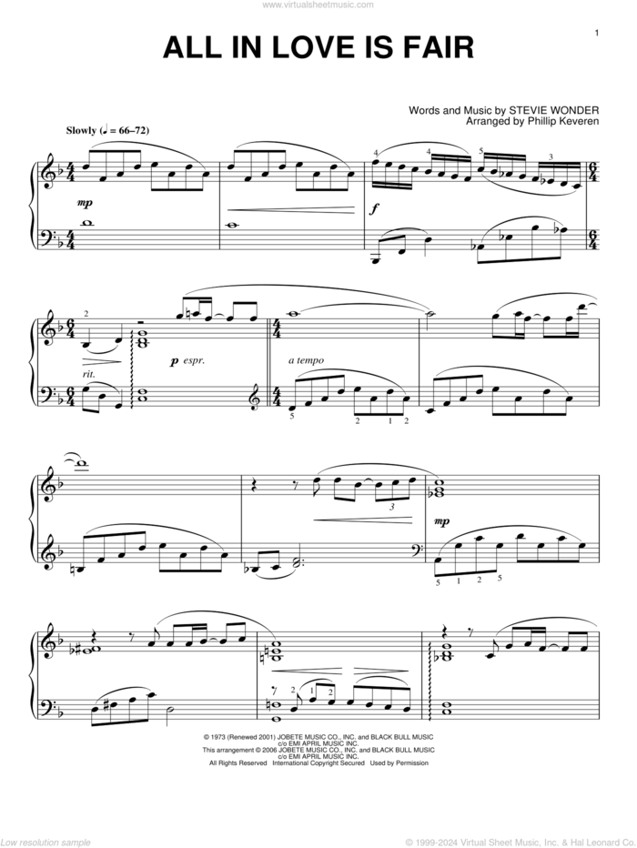 All In Love Is Fair (arr. Phillip Keveren) sheet music for piano solo by Stevie Wonder and Phillip Keveren, intermediate skill level