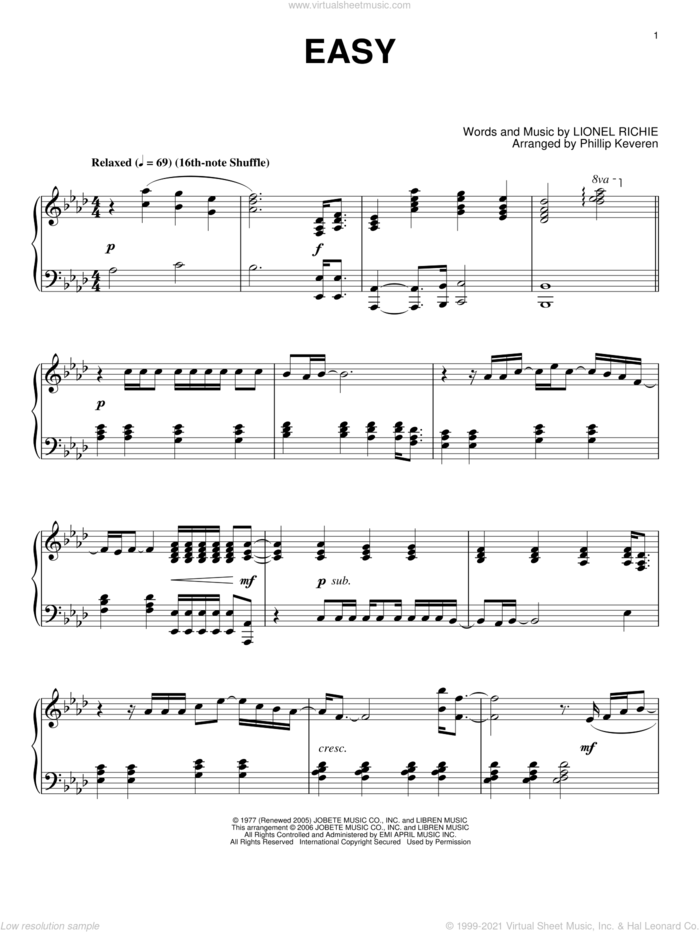 Easy (arr. Phillip Keveren) sheet music for piano solo by The Commodores, Phillip Keveren and Lionel Richie, intermediate skill level