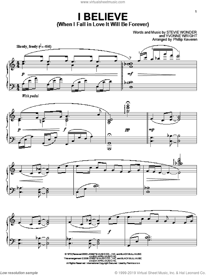 I Believe (When I Fall In Love It Will Be Forever) (arr. Phillip Keveren) sheet music for piano solo by Stevie Wonder, Phillip Keveren and Yvonne Wright, intermediate skill level