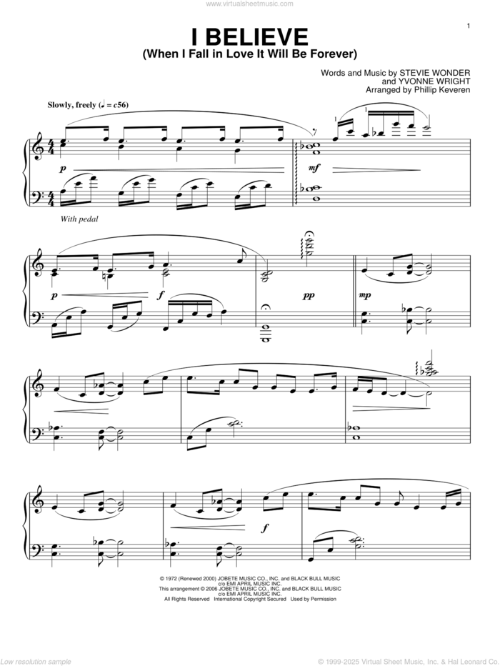 I Believe (When I Fall In Love It Will Be Forever) (arr. Phillip Keveren) sheet music for piano solo by Stevie Wonder, Phillip Keveren and Yvonne Wright, intermediate skill level