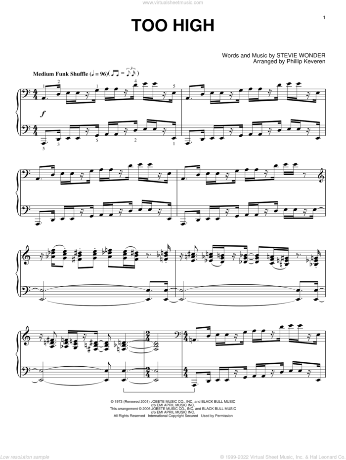 Too High (arr. Phillip Keveren) sheet music for piano solo by Stevie Wonder and Phillip Keveren, intermediate skill level