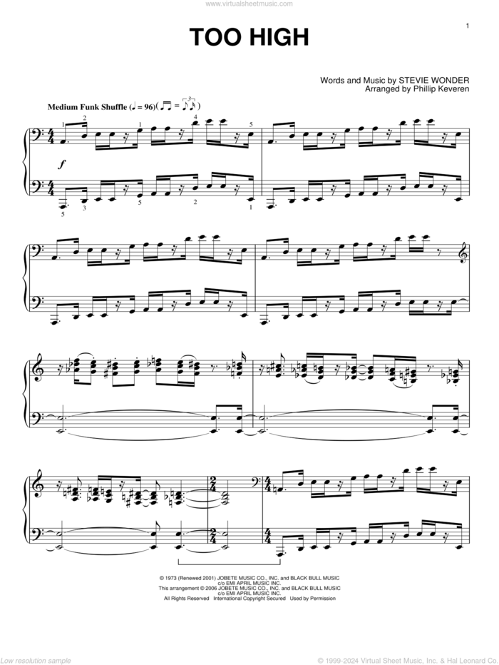 Too High (arr. Phillip Keveren) sheet music for piano solo by Stevie Wonder and Phillip Keveren, intermediate skill level