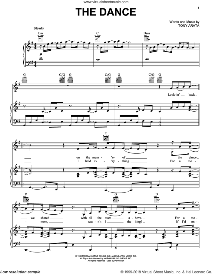 The Dance sheet music for voice, piano or guitar by Garth Brooks and Tony Arata, intermediate skill level