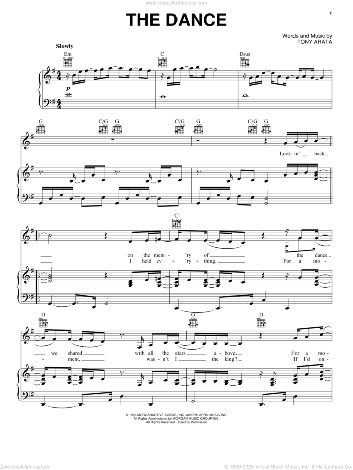 The Dance sheet music for voice, piano or guitar by Garth Brooks and Tony Arata, intermediate skill level