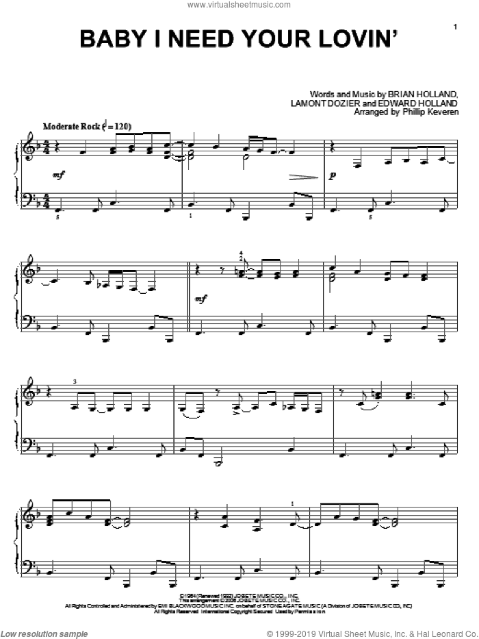 Baby I Need Your Lovin' (arr. Phillip Keveren) sheet music for piano solo by The Four Tops, Phillip Keveren, Brian Holland, Eddie Holland and Lamont Dozier, intermediate skill level