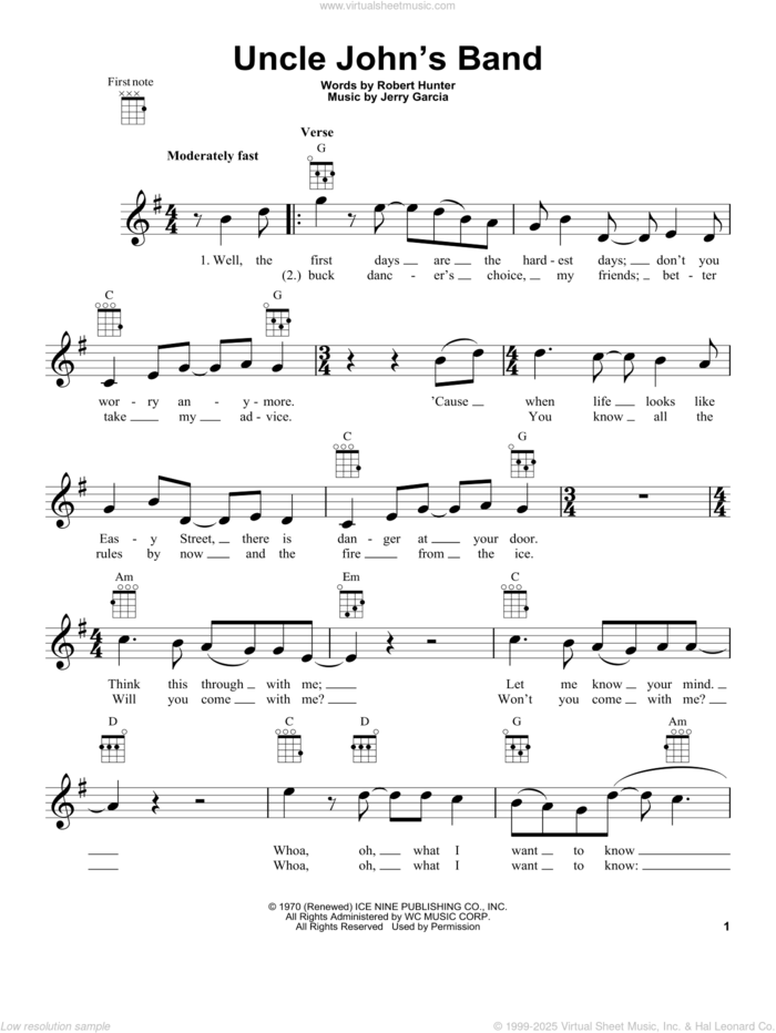 Uncle John's Band sheet music for ukulele by Grateful Dead, Jerry Garcia and Robert Hunter, intermediate skill level