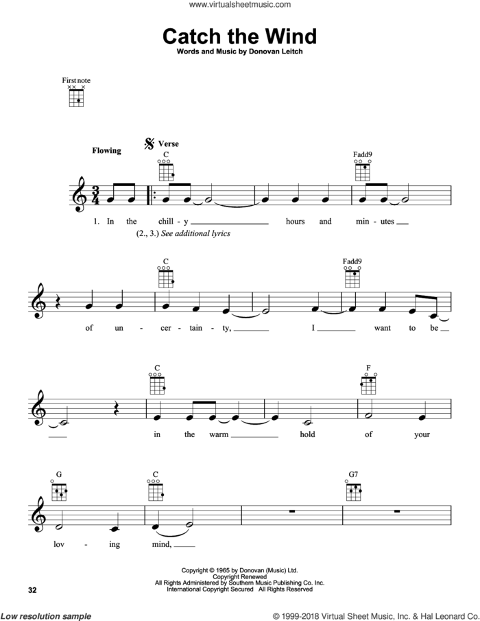 Catch The Wind sheet music for ukulele by Walter Donovan and Donovan Leitch, intermediate skill level