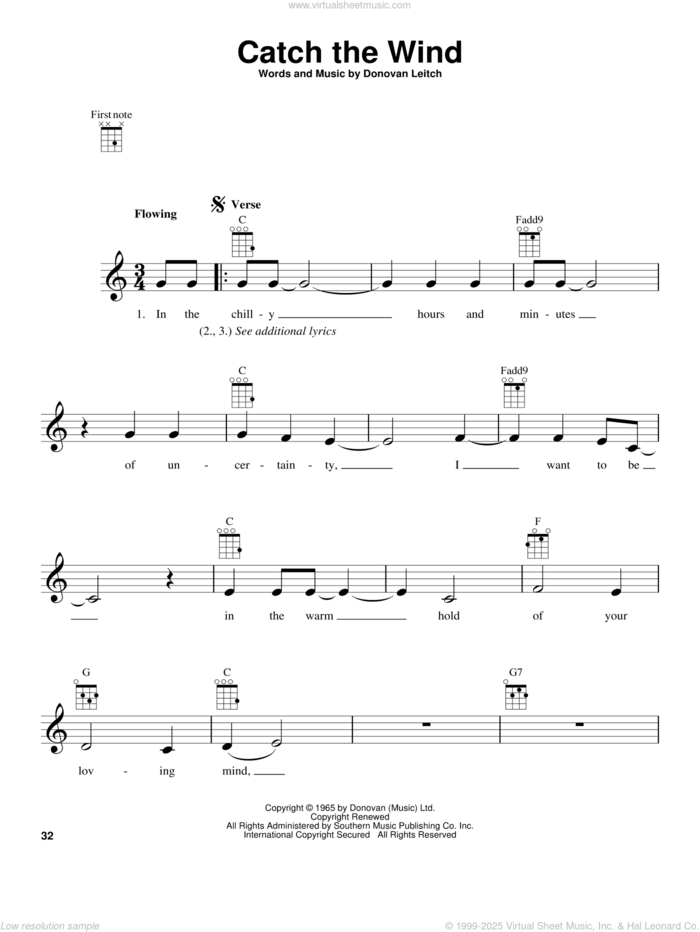 Catch The Wind sheet music for ukulele by Walter Donovan and Donovan Leitch, intermediate skill level