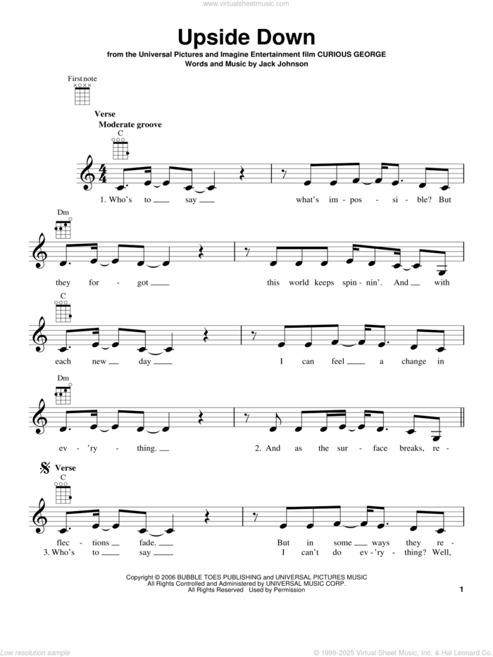 Upside Down sheet music for ukulele by Jack Johnson, intermediate skill level