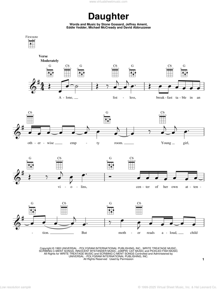 Daughter sheet music for ukulele by Pearl Jam, David Abbruzzese, Eddie Vedder, Jeffrey Ament, Michael McCready and Stone Gossard, intermediate skill level