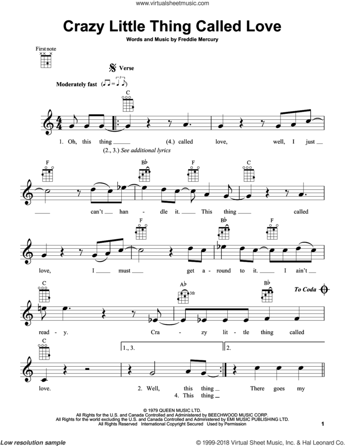 Crazy Little Thing Called Love sheet music for ukulele by Queen, Dwight Yoakam and Freddie Mercury, intermediate skill level