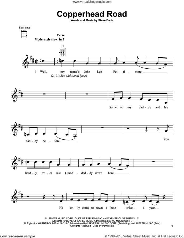 Copperhead Road sheet music for ukulele by Steve Earle, intermediate skill level