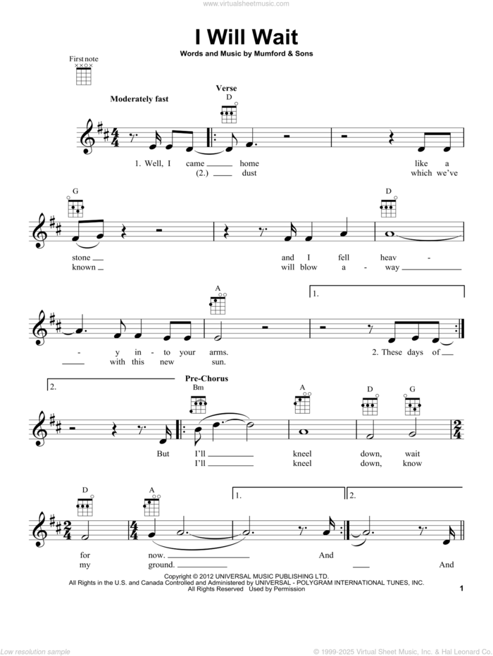 I Will Wait sheet music for ukulele by Mumford & Sons, intermediate skill level