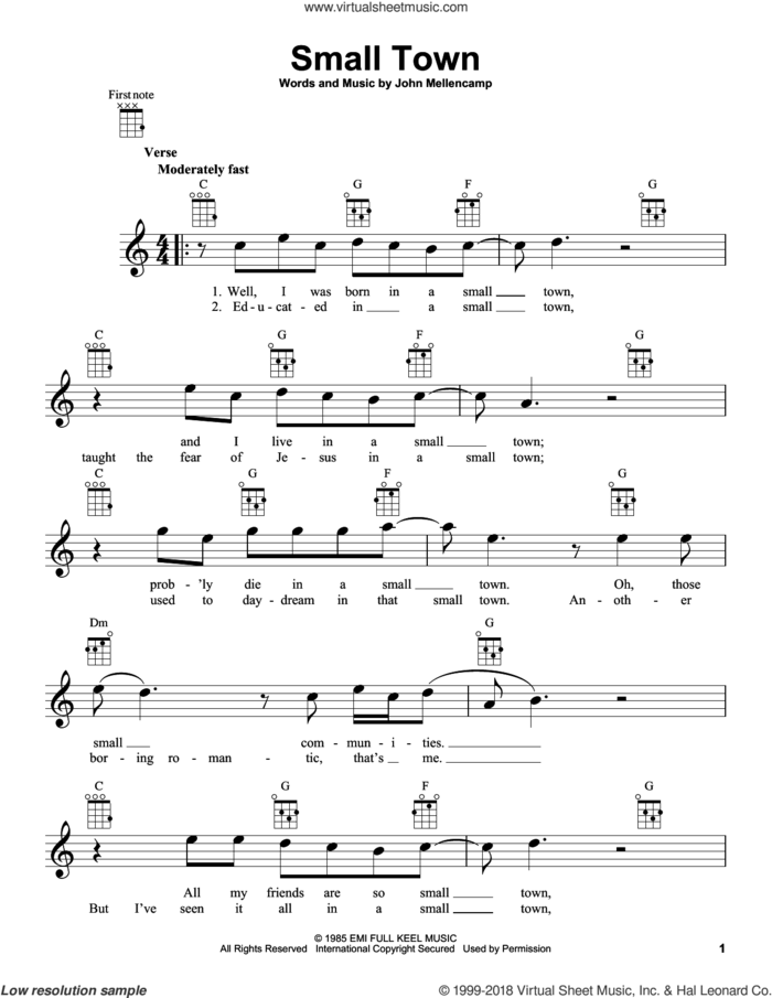 Small Town sheet music for ukulele by John Mellencamp, intermediate skill level
