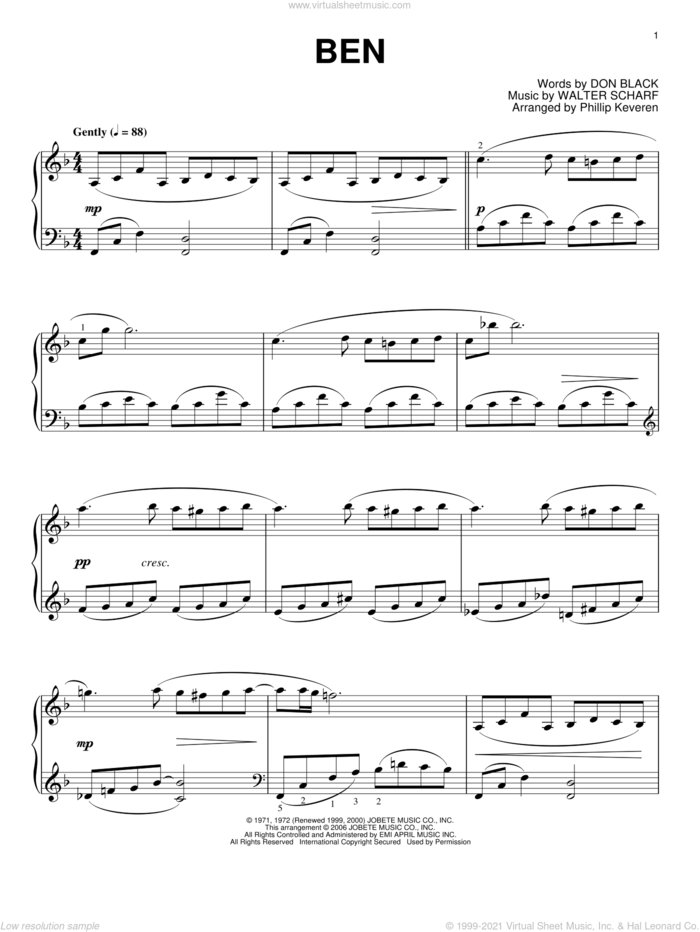Ben (arr. Phillip Keveren) sheet music for piano solo by Michael Jackson, Phillip Keveren, Don Black and Walter Scharf, intermediate skill level