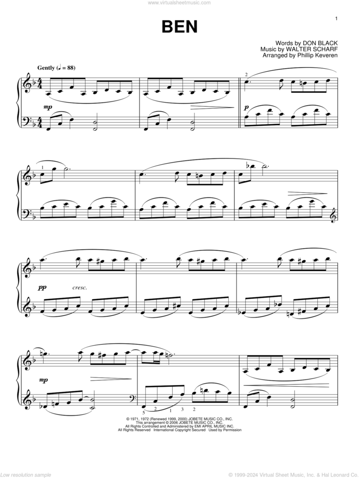 Ben (arr. Phillip Keveren) sheet music for piano solo by Michael Jackson, Phillip Keveren, Don Black and Walter Scharf, intermediate skill level