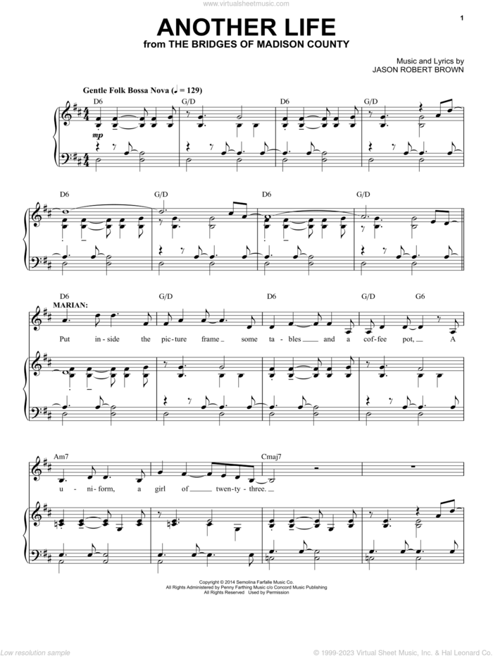 Another Life (from The Bridges of Madison County) sheet music for voice and piano by Jason Robert Brown, intermediate skill level