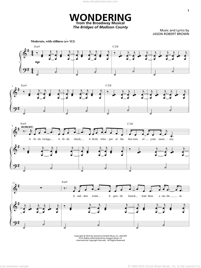Wondering (from The Bridges of Madison County) sheet music for voice and piano by Jason Robert Brown, intermediate skill level