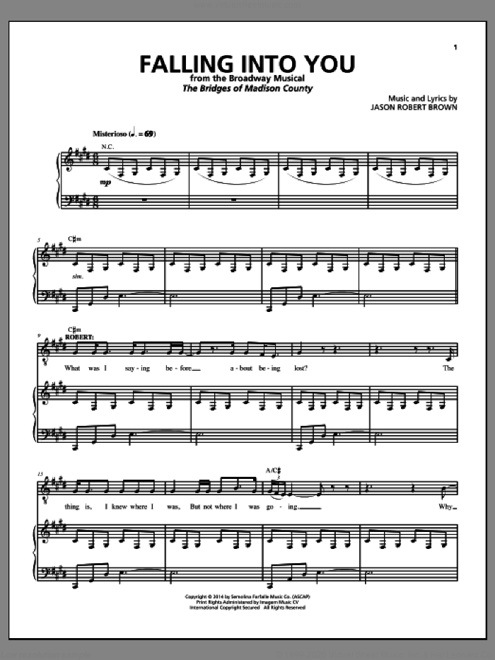 Falling Into You (from The Bridges of Madison County) sheet music for voice and piano by Jason Robert Brown, intermediate skill level