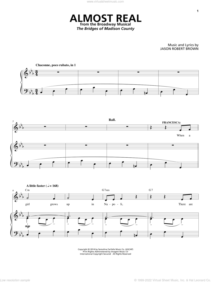 Almost Real (from The Bridges of Madison County) sheet music for voice and piano by Jason Robert Brown, intermediate skill level