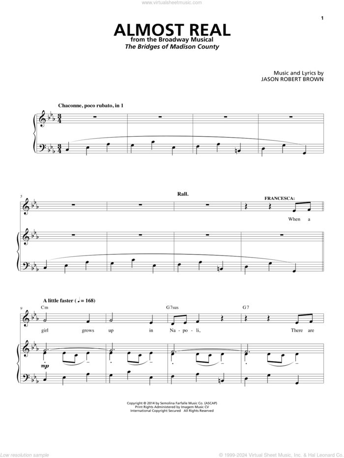 Almost Real (from The Bridges of Madison County) sheet music for voice and piano by Jason Robert Brown, intermediate skill level